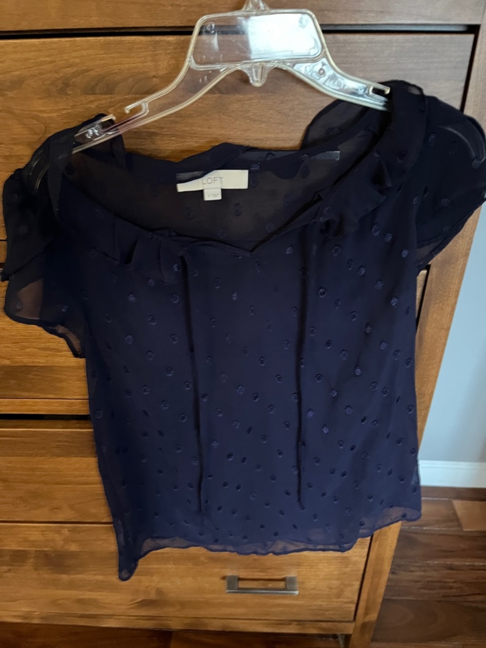 LOFT Navy Semi-Sheer Dot Short Sleeve Blouse
